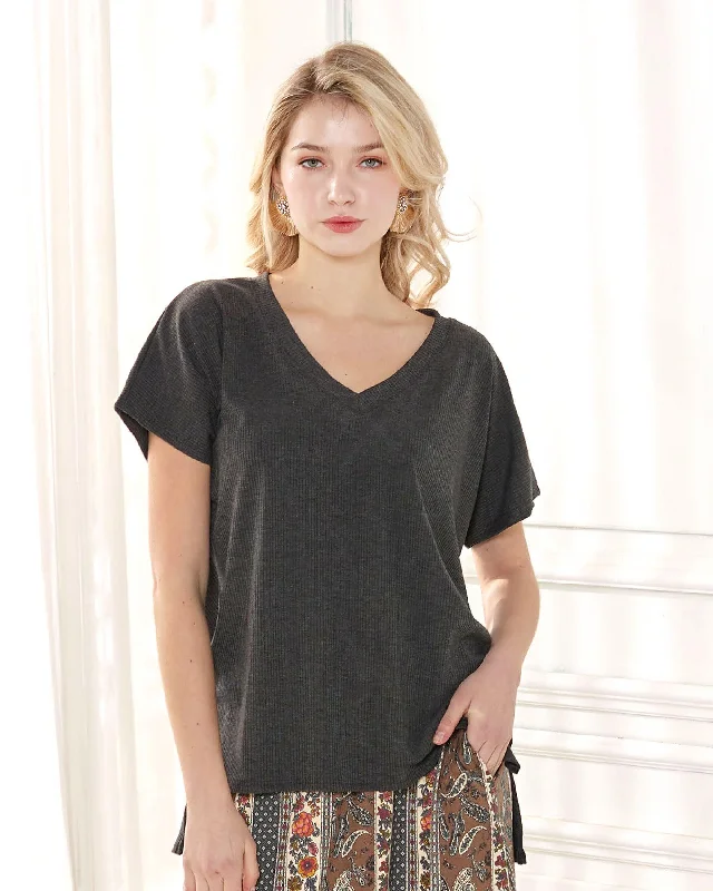 V-Neck Short Sleeve Ribbed Knit Top - Charcoal Grey